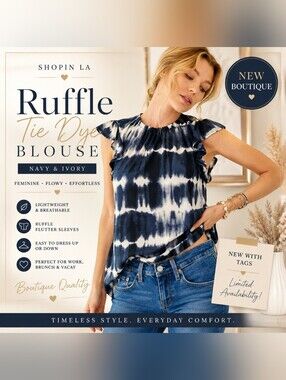 Shopin LA Ruffle Sleeve Tie Dye Blouse Navy White Boutique Tank Top